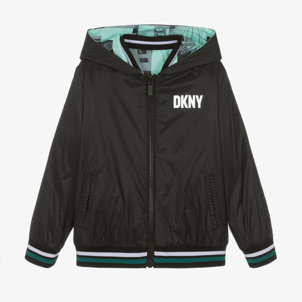 DKNY-جاكيت هودي جيرسي لون أسود وأخضر للمراهقين | Childrensalon Outlet