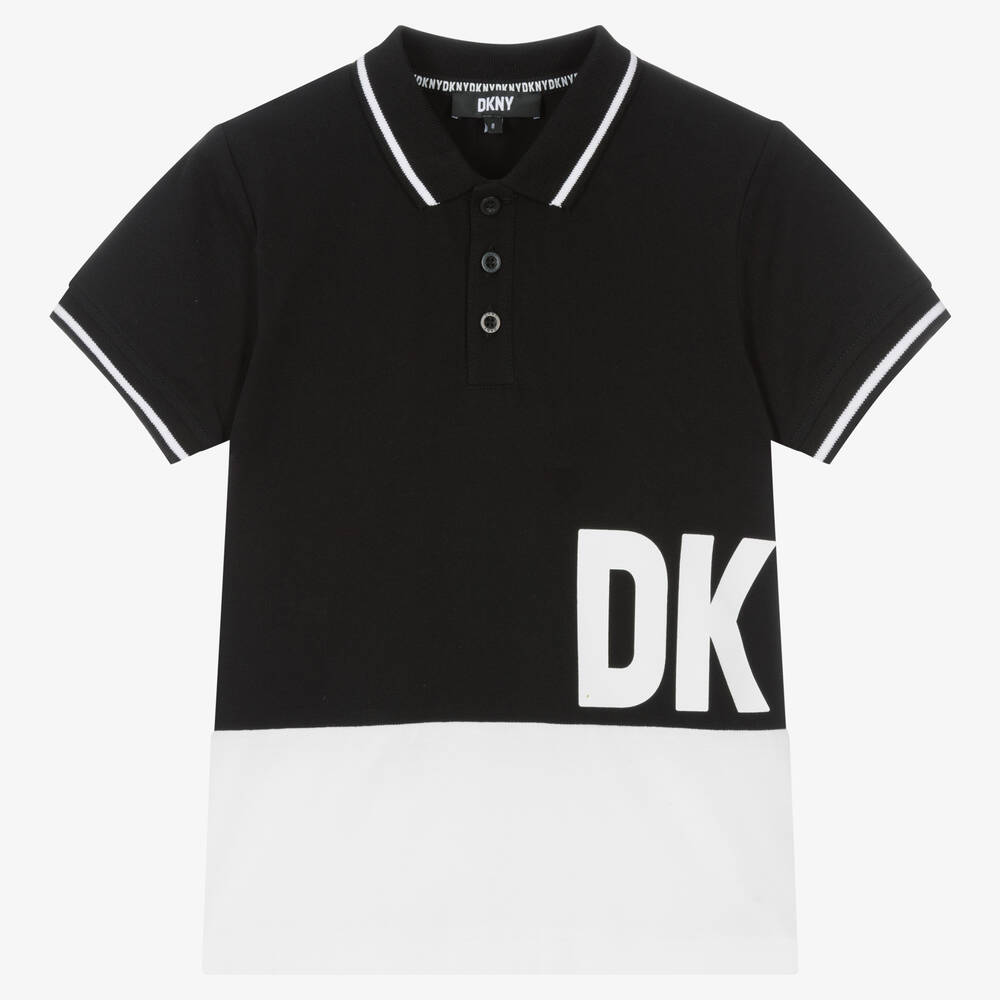 DKNY - توب بولو تينز ولادي قطن بيكيه لون أسود وأبيض | Childrensalon