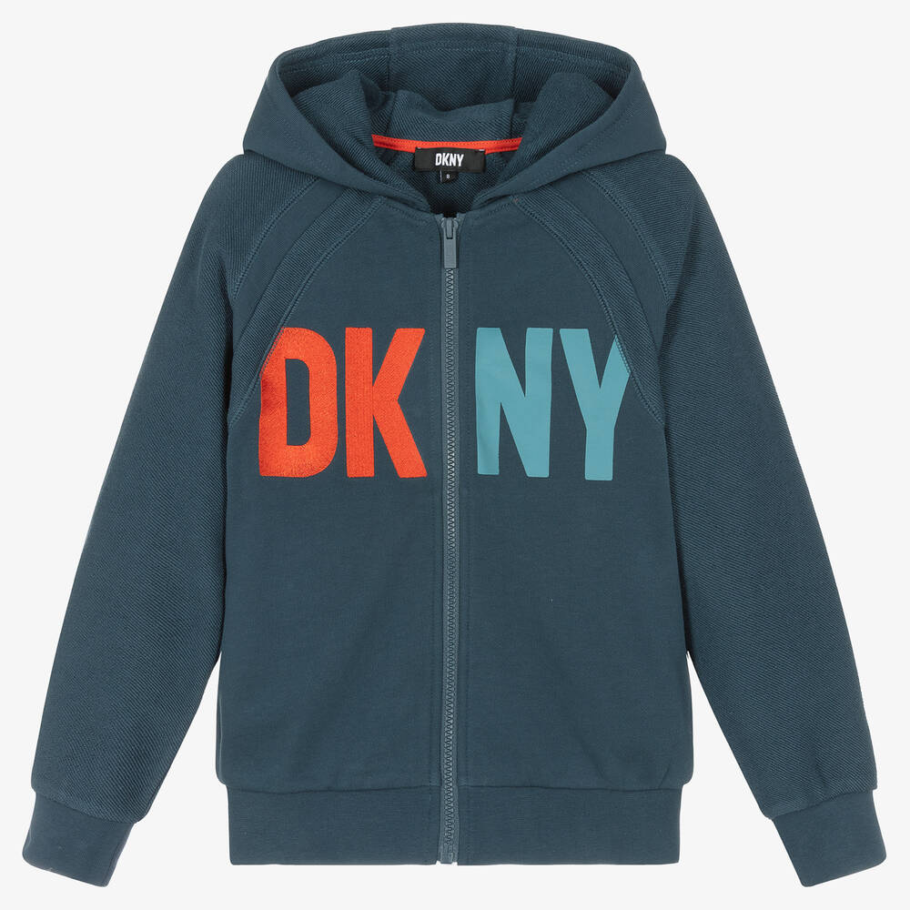 DKNY - توب هودي بسحّاب تينز ولادي قطن لون أزرق | Childrensalon