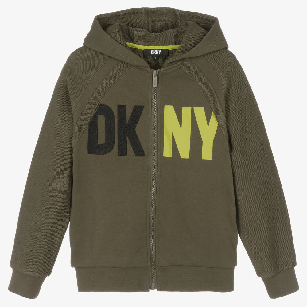 DKNY - توب هودي بسحّاب تينز ولادي قطن لون أخضر كاكي | Childrensalon