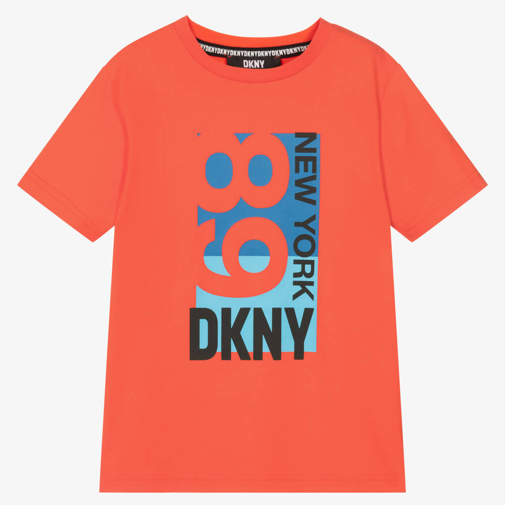 DKNY - تيشيرت تينز ولادي قطن لون أحمر برتقالي | Childrensalon