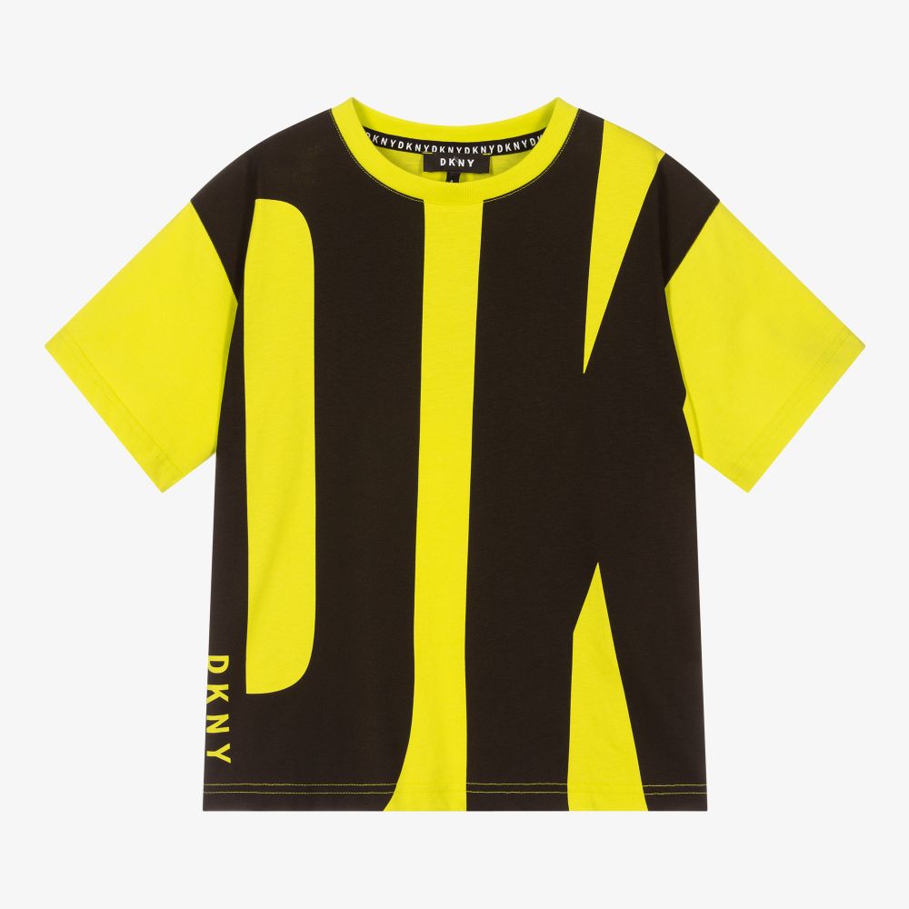DKNY - تيشيرت تينز ولادي قطن لون أصفر نيون وأسود | Childrensalon