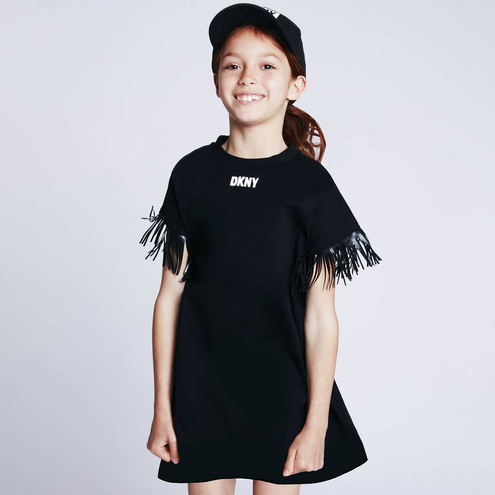 DKNY-Черное хлопковое платье с бахромой | Childrensalon Outlet