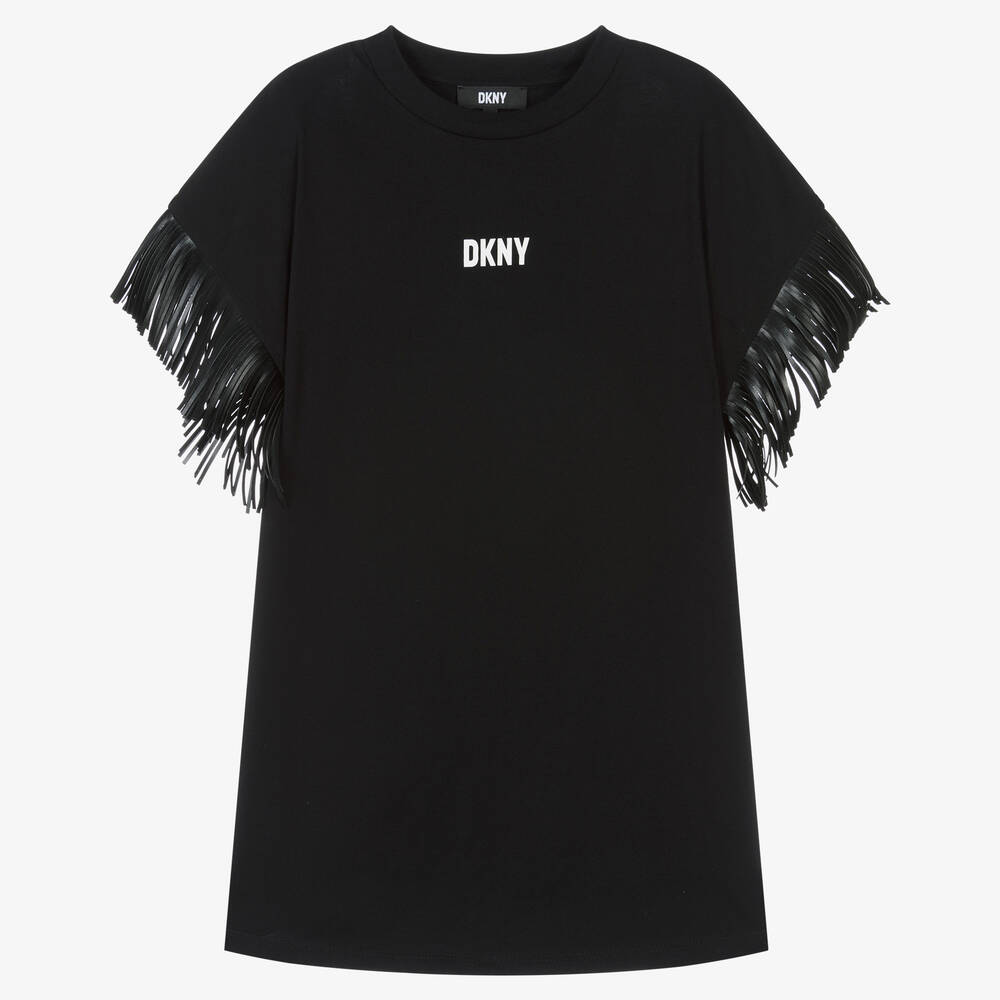 DKNY - فستان تينز بناتي قطن وجلد صناعي لون أسود | Childrensalon