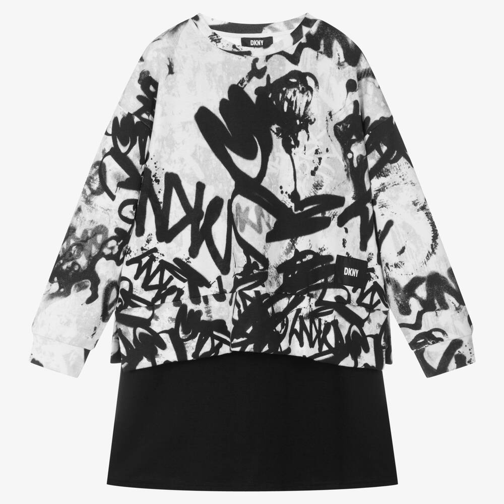 DKNY - طقم فستان بطبعة غرافيتي لون أسود تينز بناتي | Childrensalon