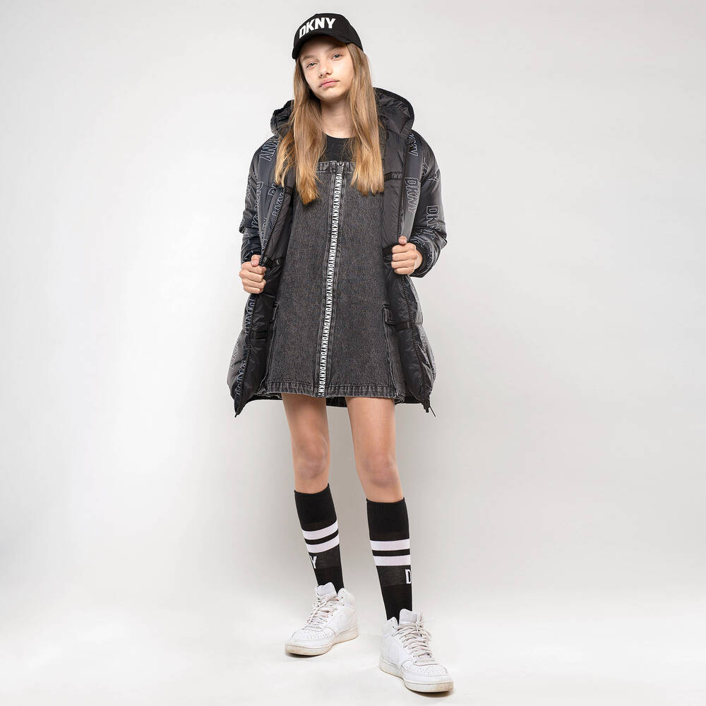 DKNY Teen Girls Black Denim Pinafore Dress Childrensalon Outlet