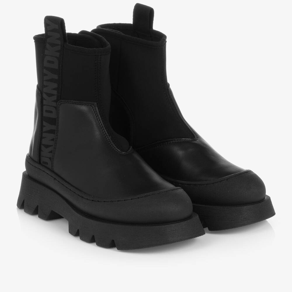 DKNY - Bottines noires en cuir ado fille | Childrensalon