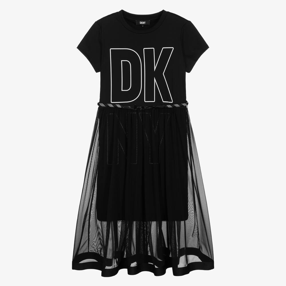 DKNY - فستان تينز بناتي شبك لون أسود | Childrensalon