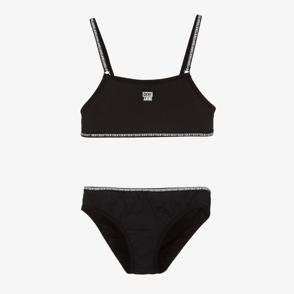 DKNY - Teen Girls Black Ribbed Logo Bikini  | Childrensalon