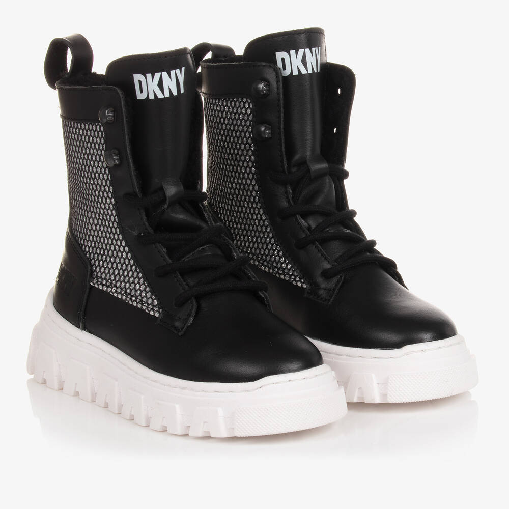 DKNY - بوت جلد وشبك لون أسود وفضّي تينز بناتي | Childrensalon