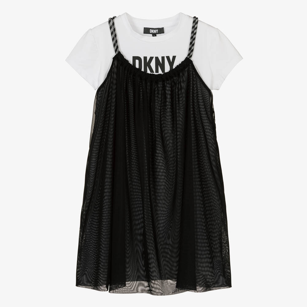 DKNY - فستان قطن جيرسي وشبك لون أبيض وأسود | Childrensalon
