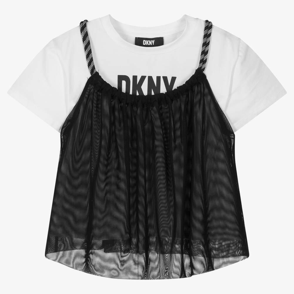 DKNY - تيشيرت 2 في 1 تينز بناتي قطن جيرسي لون أسود وأبيض | Childrensalon