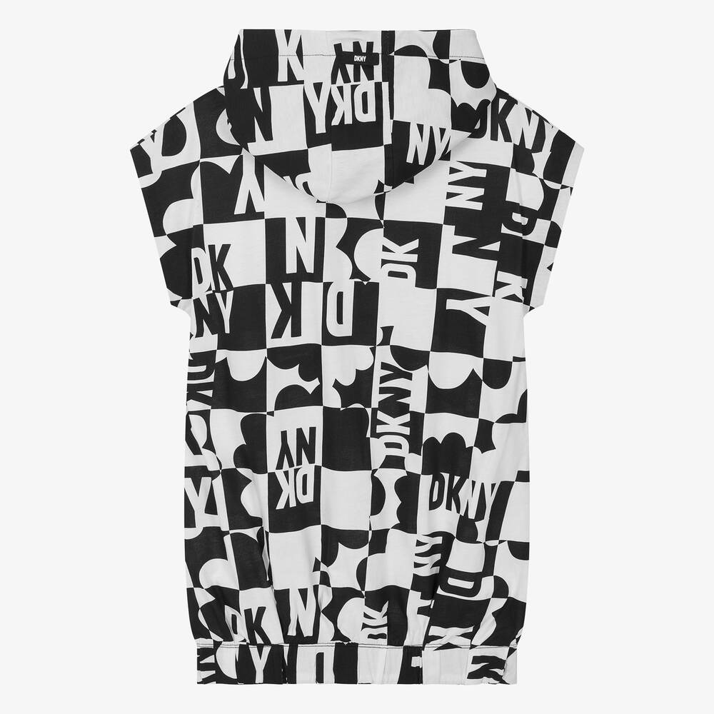 DKNY-فستان هودي جيرسي لون أبيض وأسود للمراهقات | Childrensalon Outlet