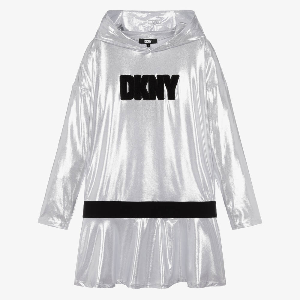 DKNY - فستان هودي لون فضّي متاليك تينز بناتي | Childrensalon