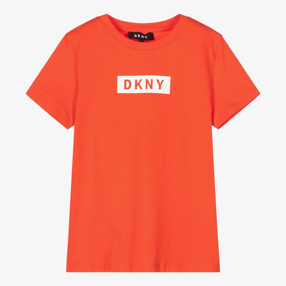 DKNY - تيشيرت تينز بناتي قطن عضوي جيرسي لون برتقالي | Childrensalon