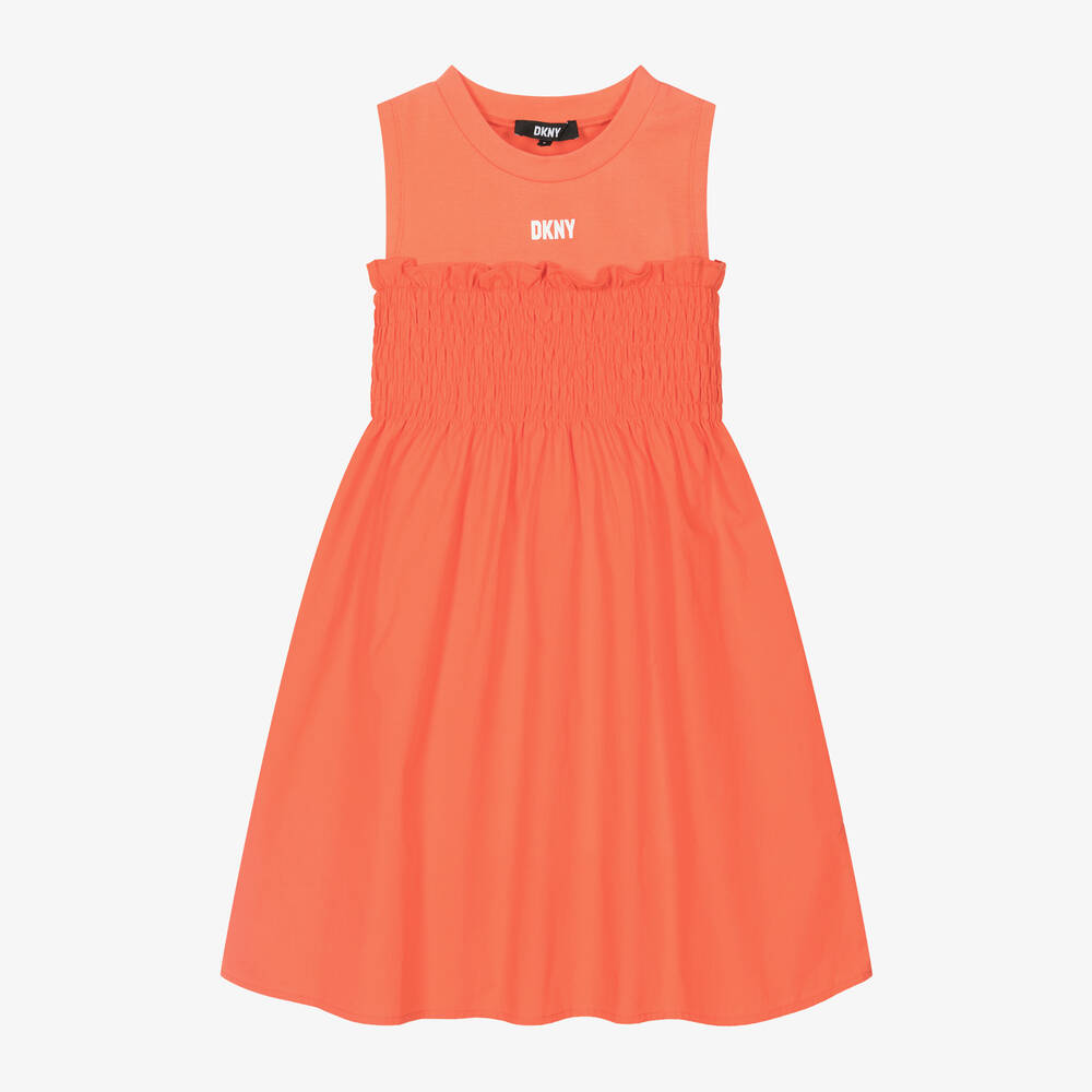 DKNY-Teen Girls Orange Shirred Cotton Dress | Childrensalon Outlet