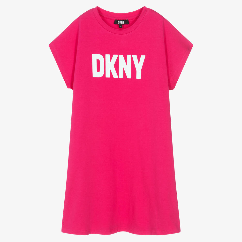 DKNY - فستان تيشيرت قطن عضوي جيرسي لون زهري فيوشيا | Childrensalon