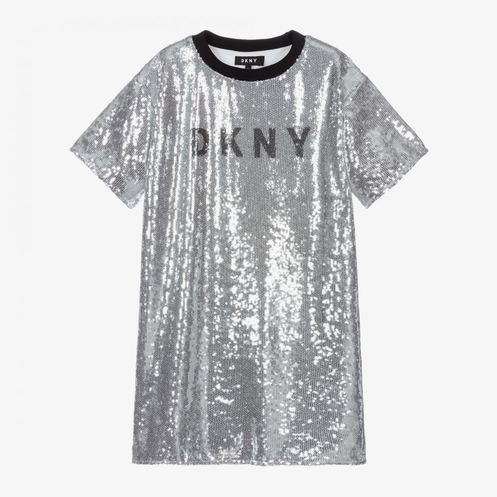 DKNY - فستان تينز بناتي مزين بترتر لون فضّي | Childrensalon