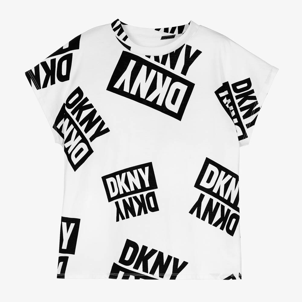 DKNY - تيشيرت تينز بناتي قطن لون أسود وأبيض | Childrensalon