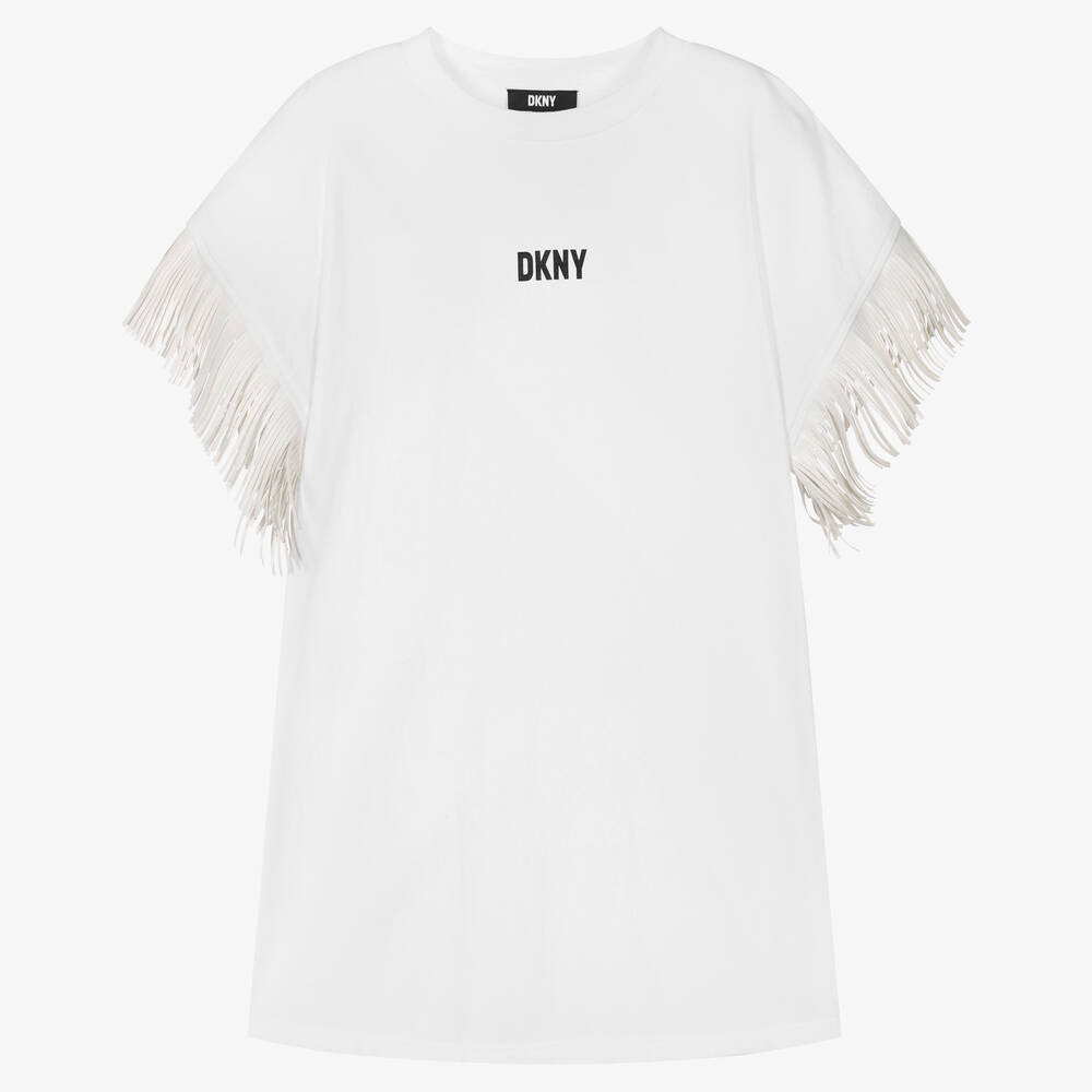 DKNY - Weißes Teen Fransen-Baumwollkleid | Childrensalon