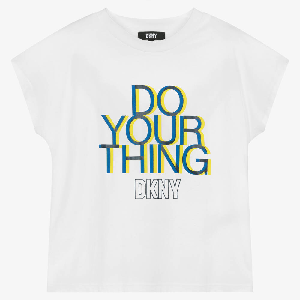 DKNY - تيشيرت تينز بناتي قطن عضوي لون أبيض | Childrensalon