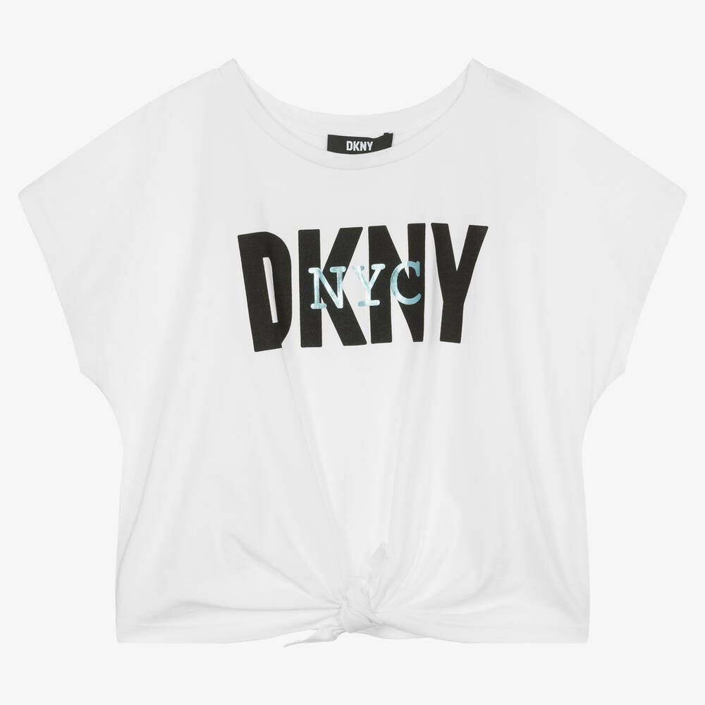 DKNY - تيشيرت قصير تينز بناتي قطن عضوي جيرسي لون أبيض | Childrensalon