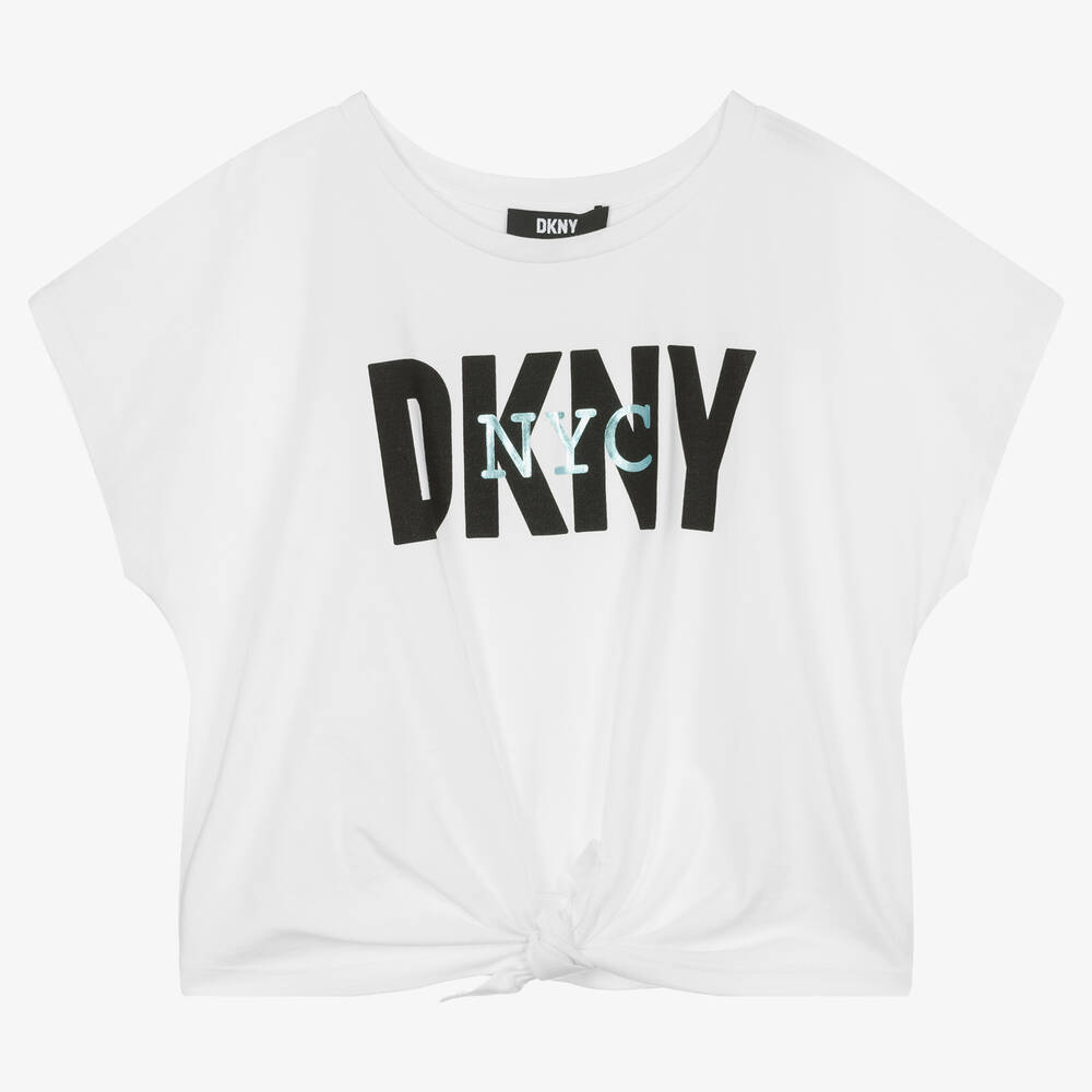 DKNY-تيشيرت قصير تينز بناتي قطن عضوي جيرسي لون أبيض | Childrensalon Outlet