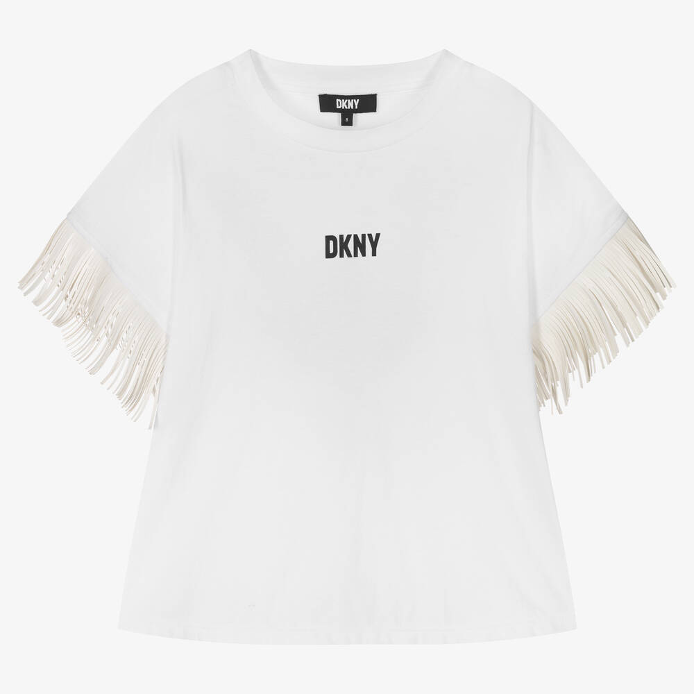 DKNY - Teen Girls White Fringed Logo T-Shirt | Childrensalon