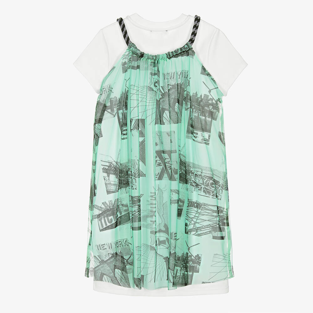 DKNY-Teen Girls White & Green 2-in-1 Dress | Childrensalon Outlet