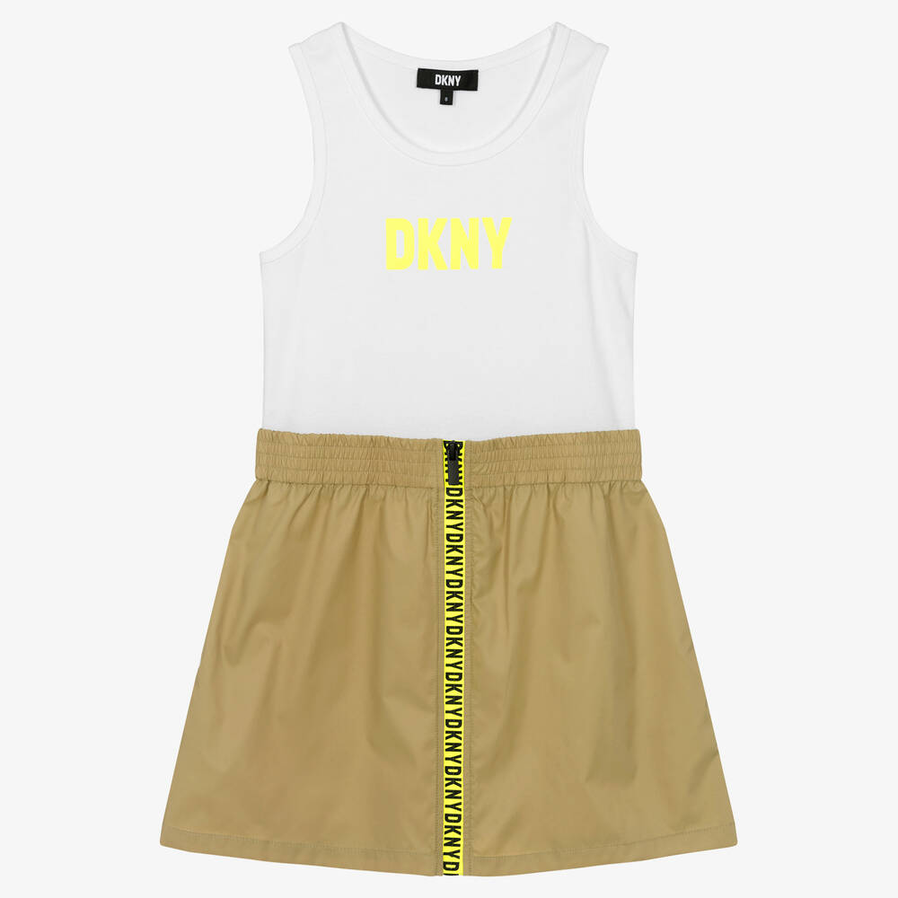 DKNY - فستان تينز بناتي قطن لون أبيض و أخضر | Childrensalon