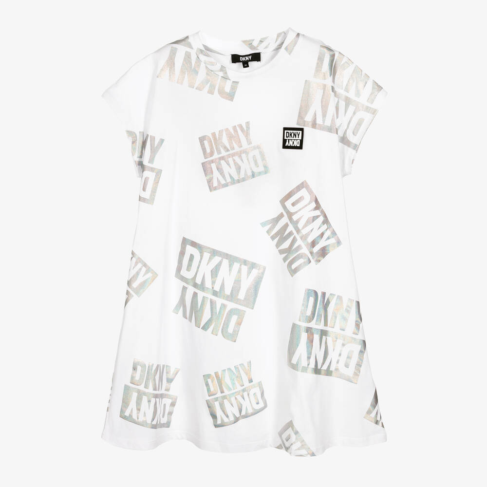 DKNY - Teen Girls White Iridescent Logo Dress | Childrensalon