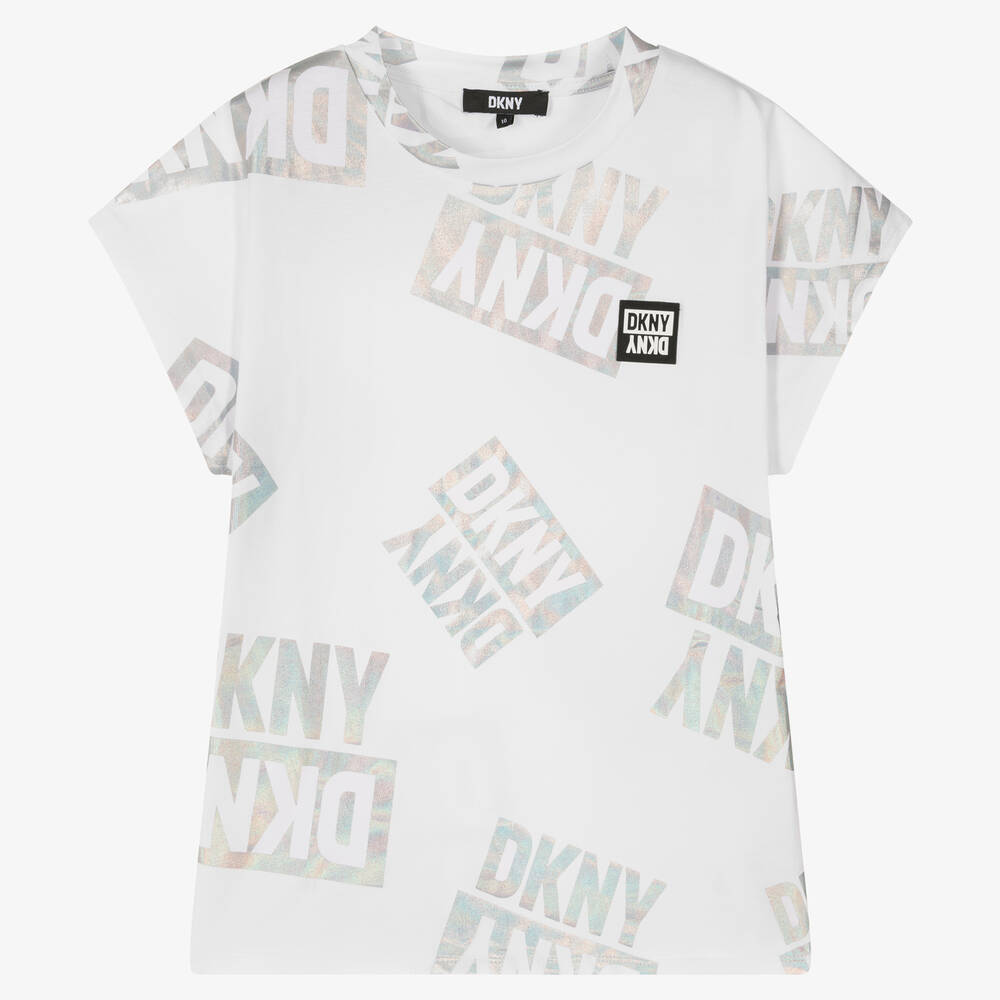 DKNY - Белая футболка с переливающимися логотипами | Childrensalon