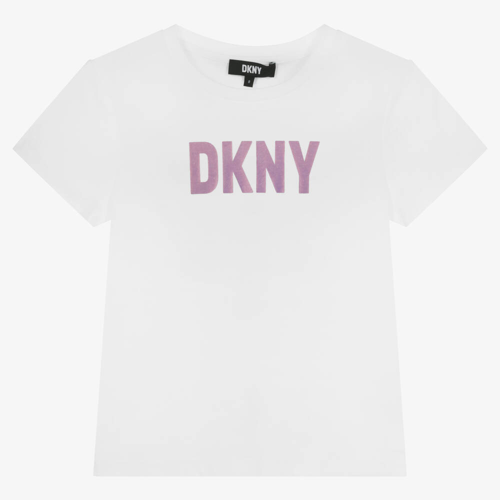 DKNY - تيشيرت تينز بناتي قطن لون أبيض وزهري | Childrensalon