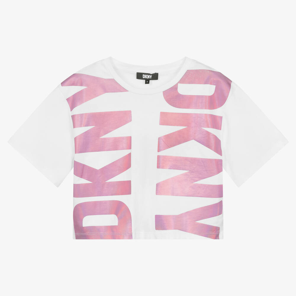 DKNY - تيشيرت تينز بناتي قطن عضوي لون أبيض وزهري | Childrensalon