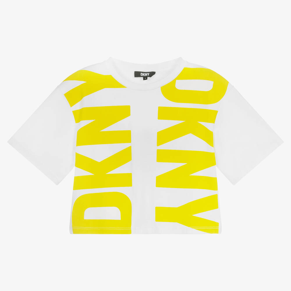 DKNY-تيشيرت تينز بناتي قطن عضوي لون أبيض وأصفر | Childrensalon Outlet
