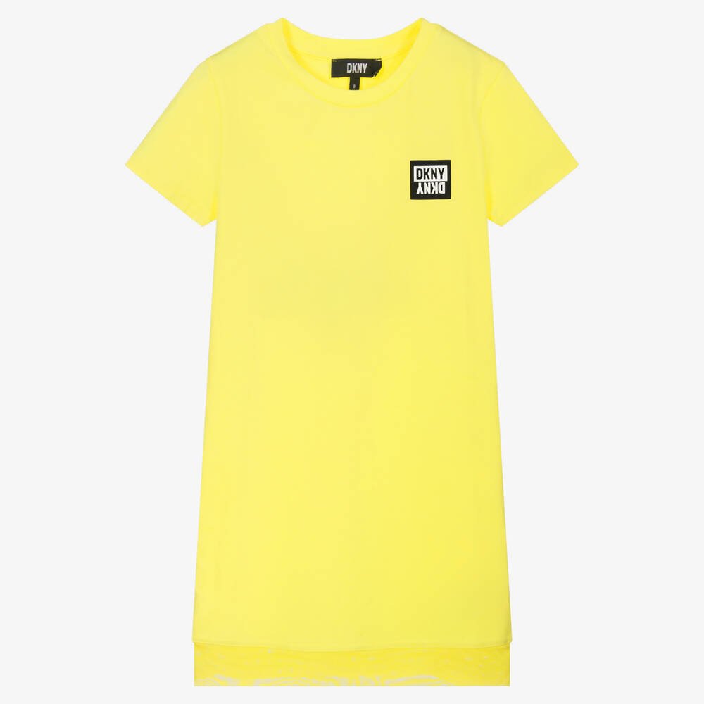 DKNY - فستان تينز بناتي قطن عضوي جيرسي لون أصفر | Childrensalon