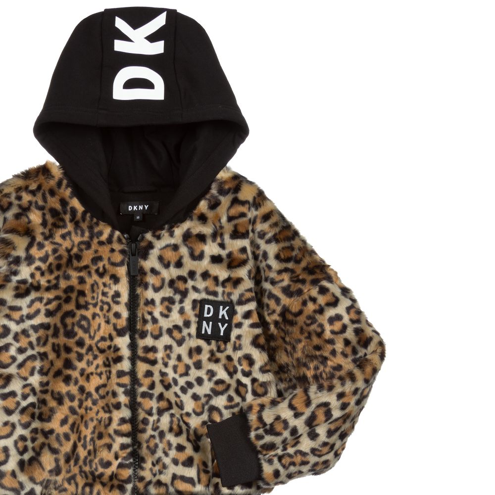 DKNY Teen Logo Faux Fur Zip Up Top