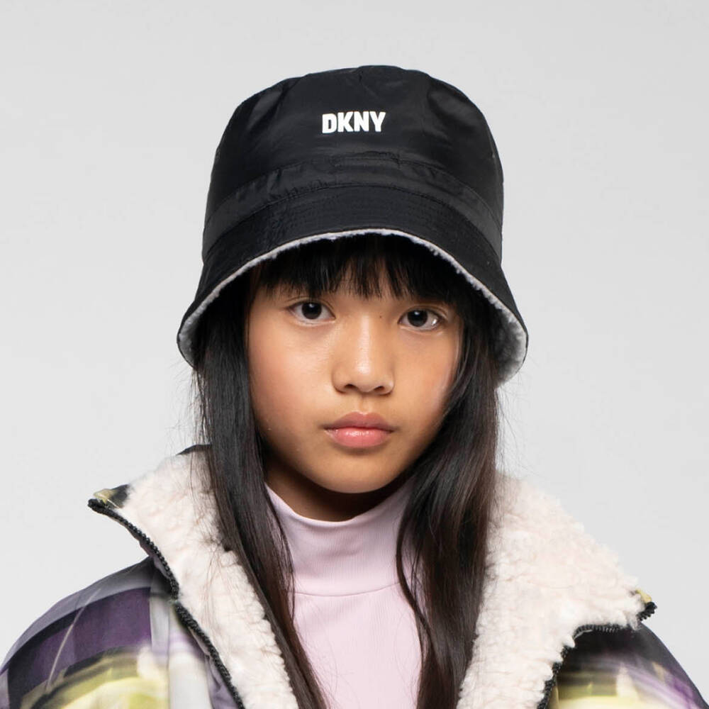 DKNY Teen Reversible Black Sherpa Bucket Hat