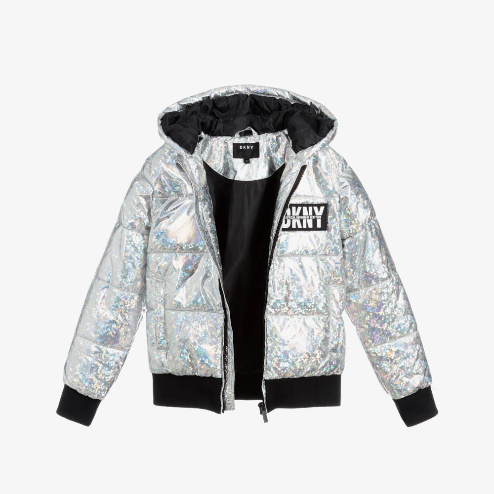 DKNY-Teen Silver Logo Puffer Jacket | Childrensalon Outlet