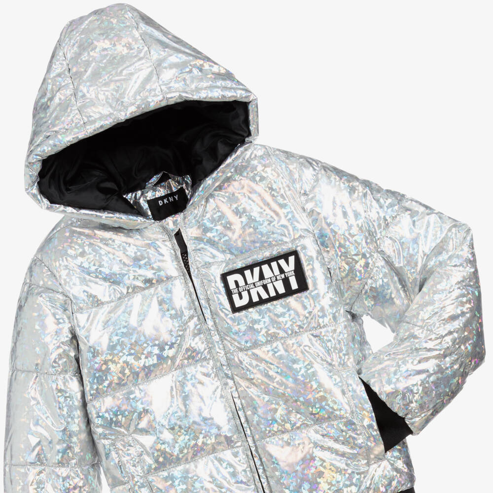 DKNY-Teen Silver Logo Puffer Jacket | Childrensalon Outlet