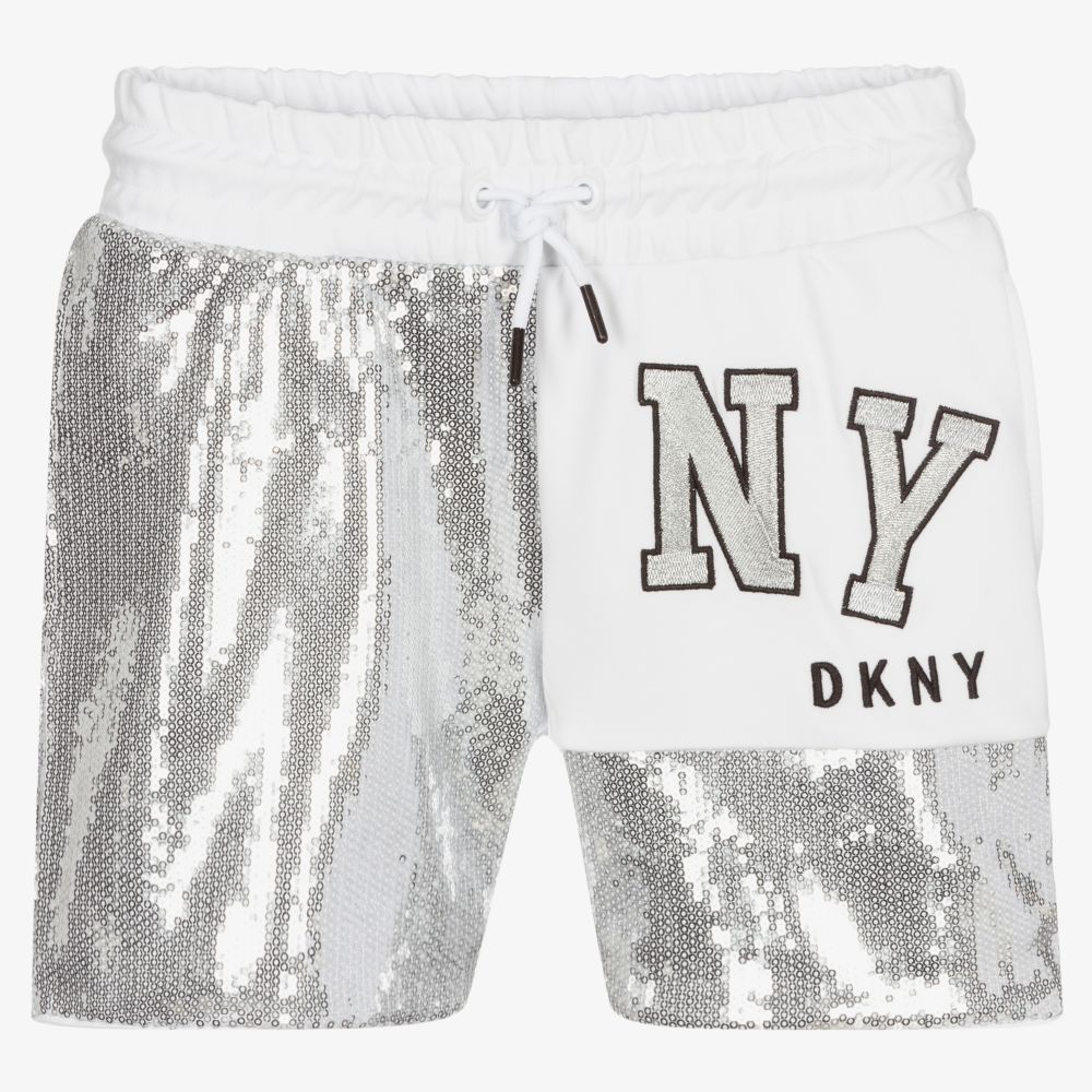 DKNY - شورت تينز بناتي فيسكوز جيرسي لون فضّي وأبيض | Childrensalon