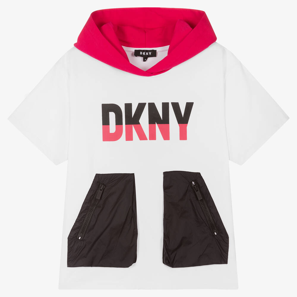 DKNY - تيشيرت هودي تينز بناتي قطن جيرسي لون أبيض | Childrensalon