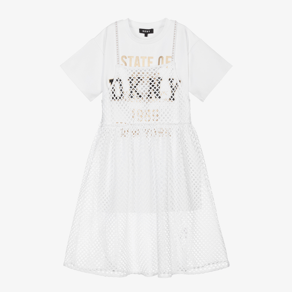 DKNY - فستان تينز شبك وفيسكوز جيرسي لون أبيض | Childrensalon