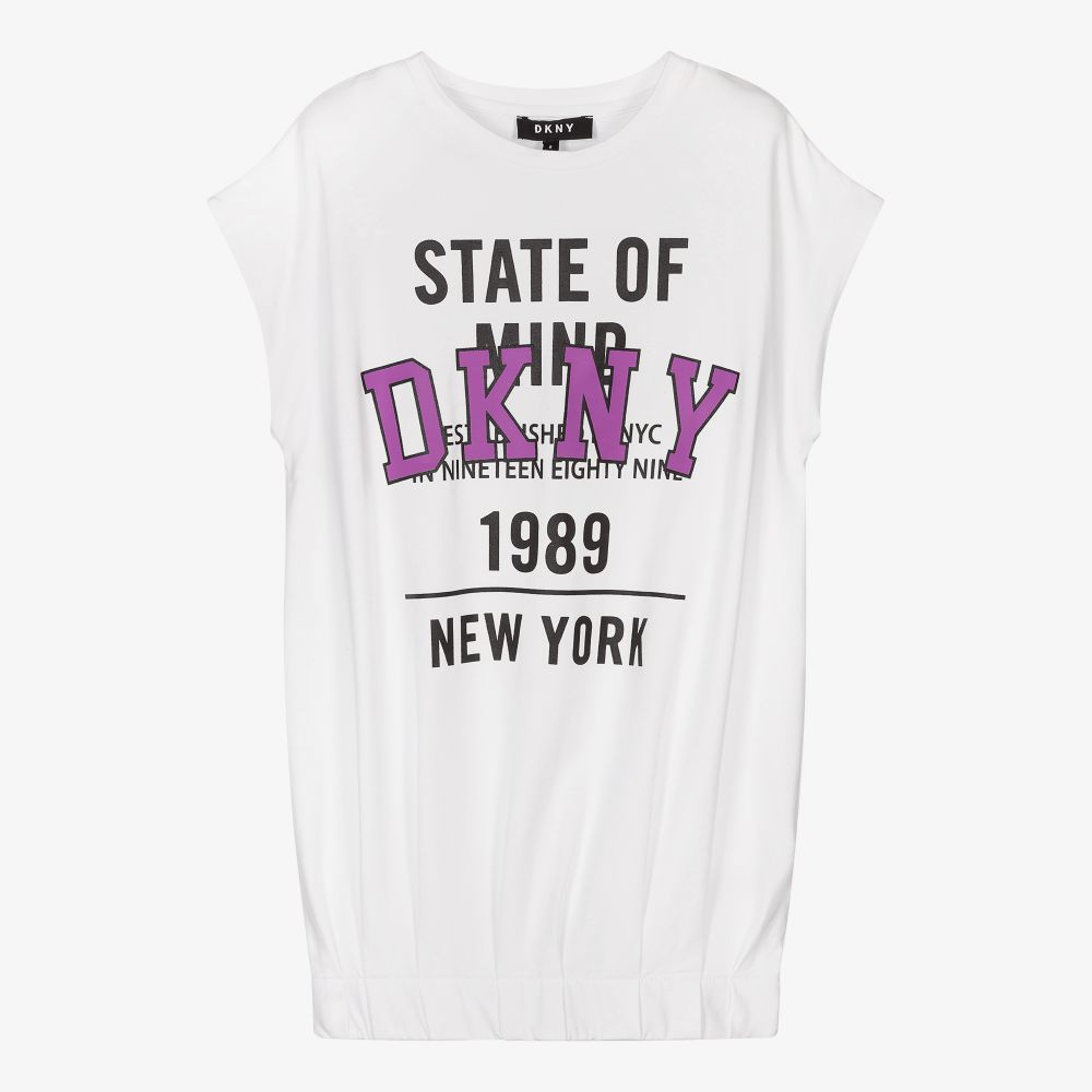 DKNY - فستان تينز بناتي قطن عضوي جيرسي لون أبيض | Childrensalon