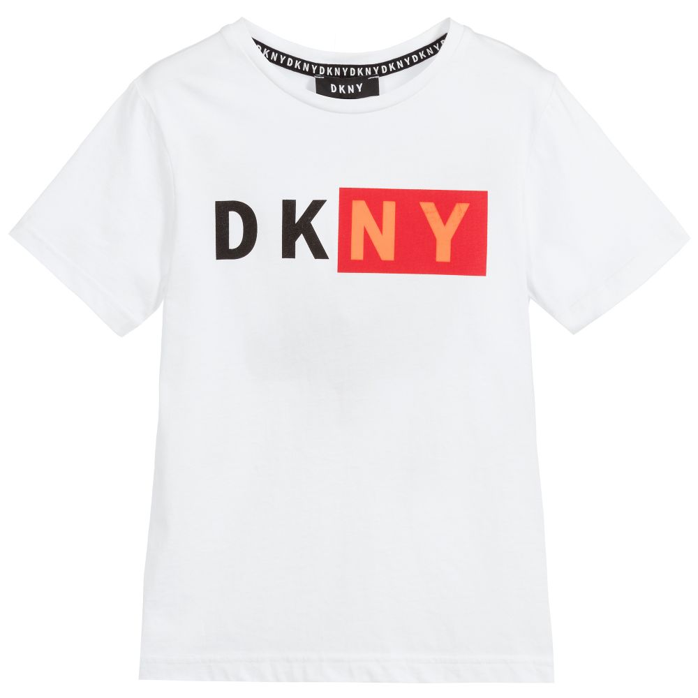 DKNY - تيشيرت لوغو قطن لون أبيض للأولاد | Childrensalon