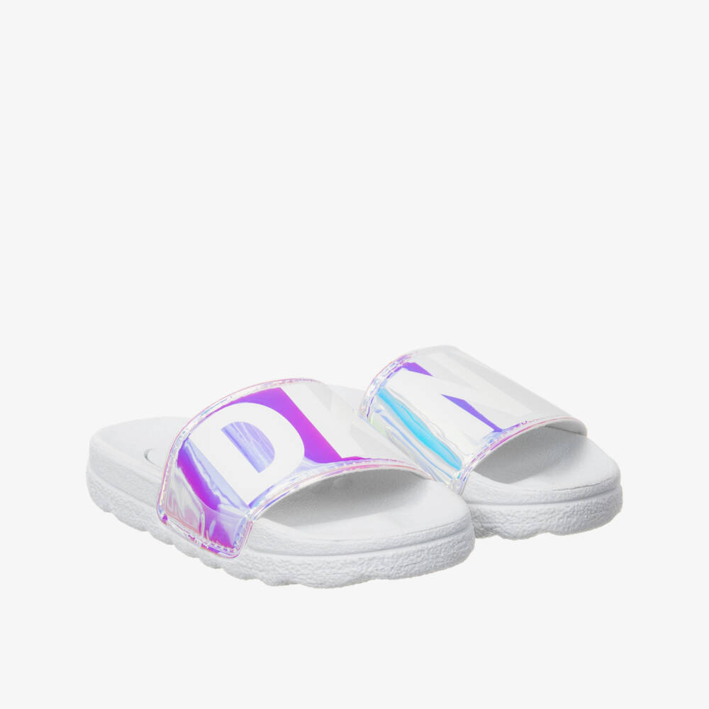 DKNY-White Iridescent Logo Sliders | Childrensalon Outlet