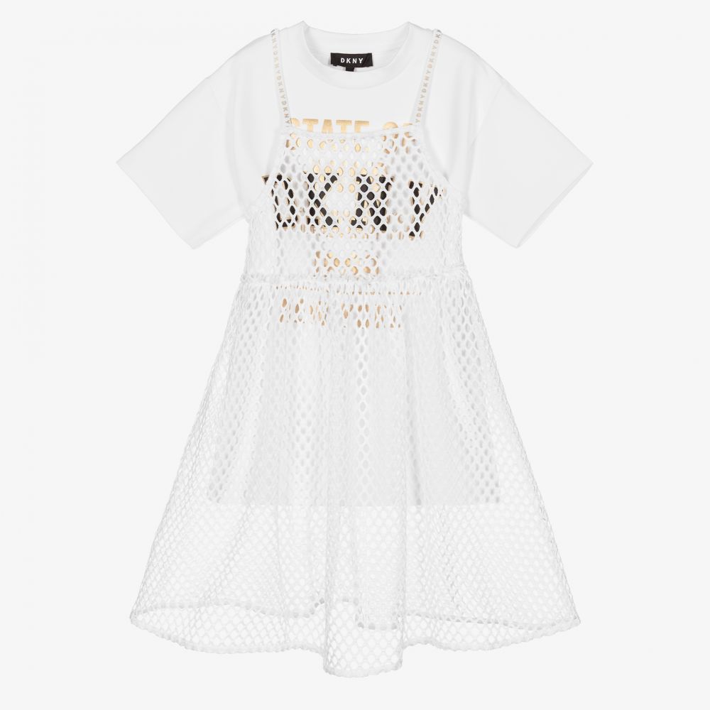 DKNY - فستان شبك وفيسكوز جيرسي لون أبيض | Childrensalon