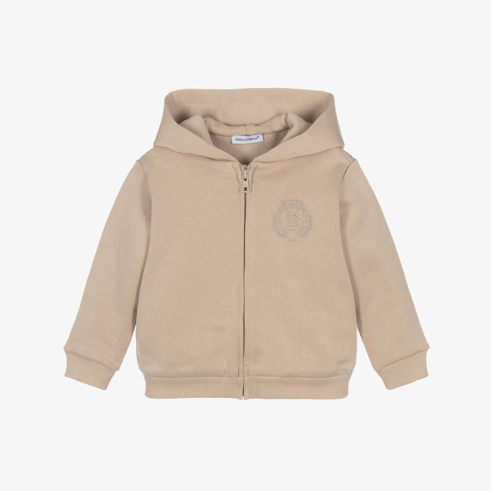 Dolce & Gabbana-Baby Boys Beige Cotton Zip-Up Top with Embroidered DG Logo | Childrensalon Outlet