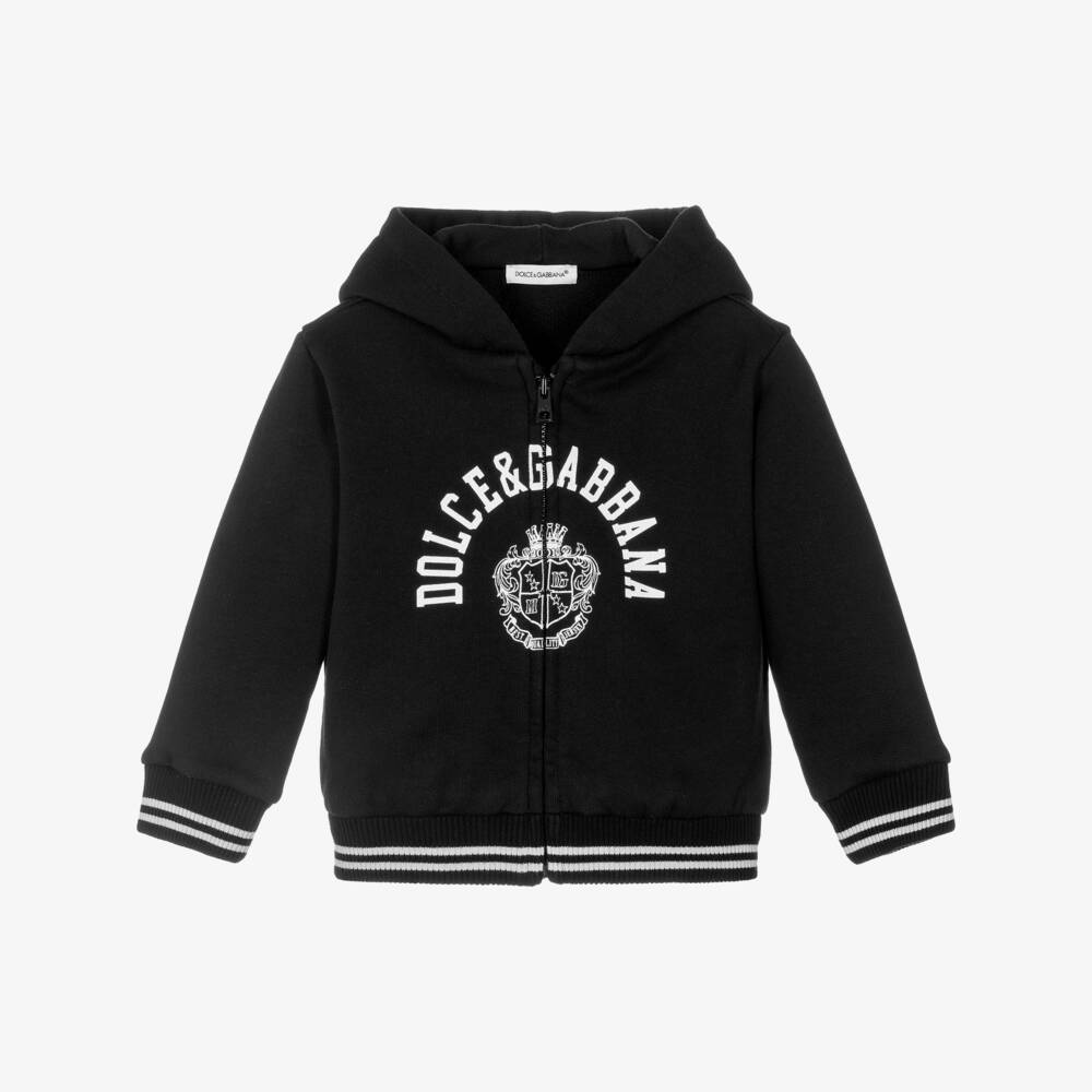 Dolce & Gabbana-Baby Boys Black Cotton Zip-Up Hoodie with White Crest Logo | Childrensalon Outlet