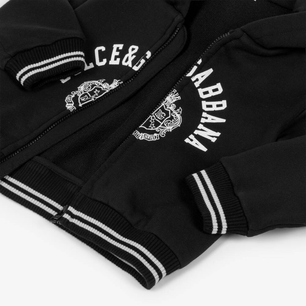 Dolce & Gabbana-Baby Boys Black Cotton Zip-Up Hoodie with White Crest Logo | Childrensalon Outlet